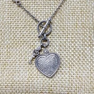 Judith Jack Sterling Silver 925 Pave CZ Heart Lock Key Toggle Necklace 18 Inch
